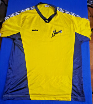 Vintage 90s Diadora Soccer Jersey Mens XL Yellow Navy Express Taped Logo Shirt